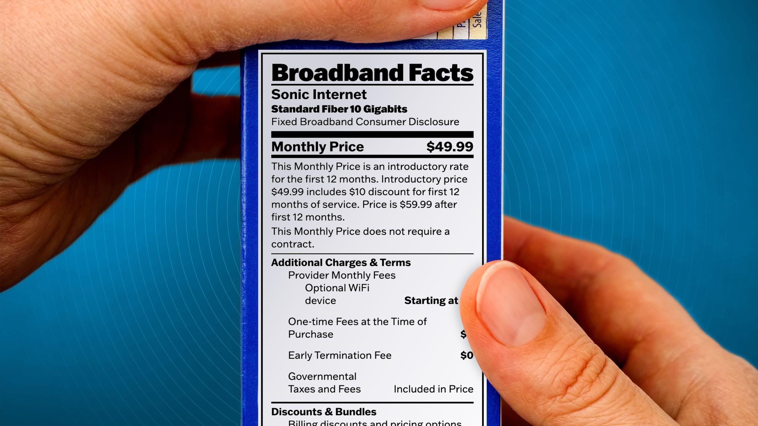 Person holding up cereal box reading broadband facts label for Sonic 10-Gigabit Fiber Internet
